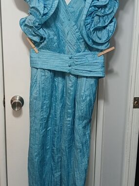 Blue Ruffle-Sleeve Jumpsuit with Wide Waistband